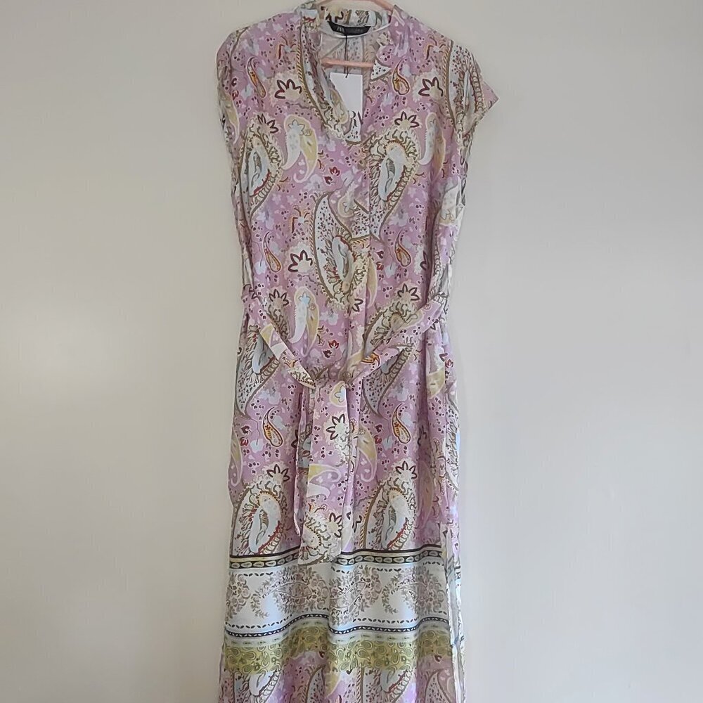 ZARA Floral Paisley Satin Tunic Dress Sz Small Boho Euro Summer Travel Resort - Picture 4 of 12